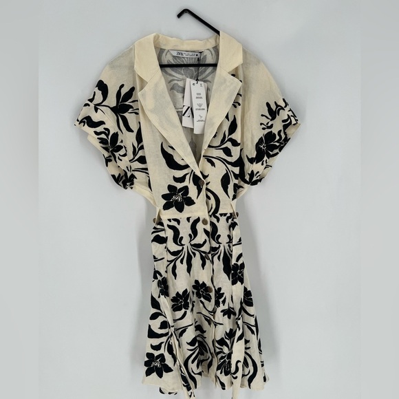 Zara Linen Blend Floral Belted Button Down Short Sleeve Mini Dress - Picture 4 of 9